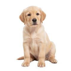 Playful yellow lab puppy, adorable fluffy coat, sitting upright, perfect for pet care themes or heartwarming content. Isolated on white background or PNG
