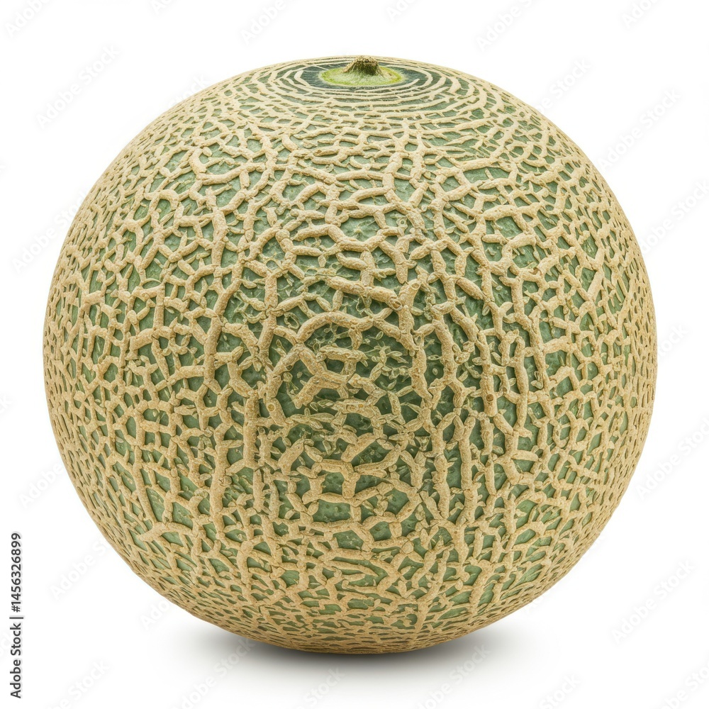 Poster a single cantaloupe melon with a textured rind sitting on a white surface in a studio setting