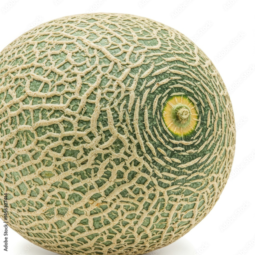 Aufkleber close up of a cantaloupe melon with a textured rind and a stem on a white background surface