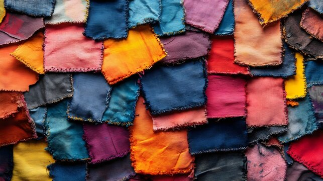 An eye-level shot of colorful patchwork textile showing various texture details and stitches.