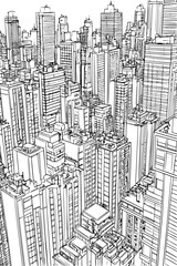 City Edge With Tall Shapes, coloring book style, vector illustration art
