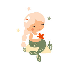 Charming vector illustration of a little smiling mermaid holding a starfish and sitting on a stone
