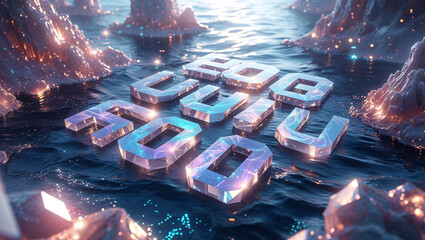 Abstract 3d rendering of the text "you rock" floating on water with sparkling effects