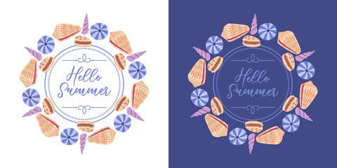 A captivating vector illustration featuring round frames crafted from seashells and sea urchins, designed for both light and dark backgrounds. Ideal for summer projects, beach-themed designs