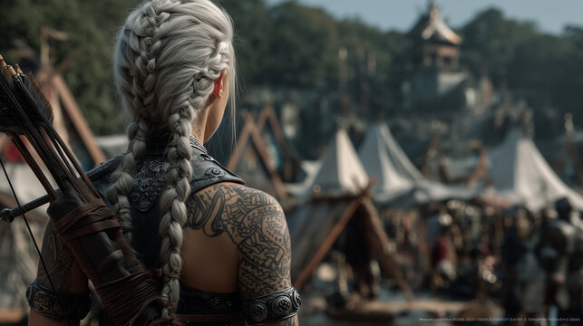 Archer Viking Woman in Braided Hair Facing Medieval Market - Powered by Adobe