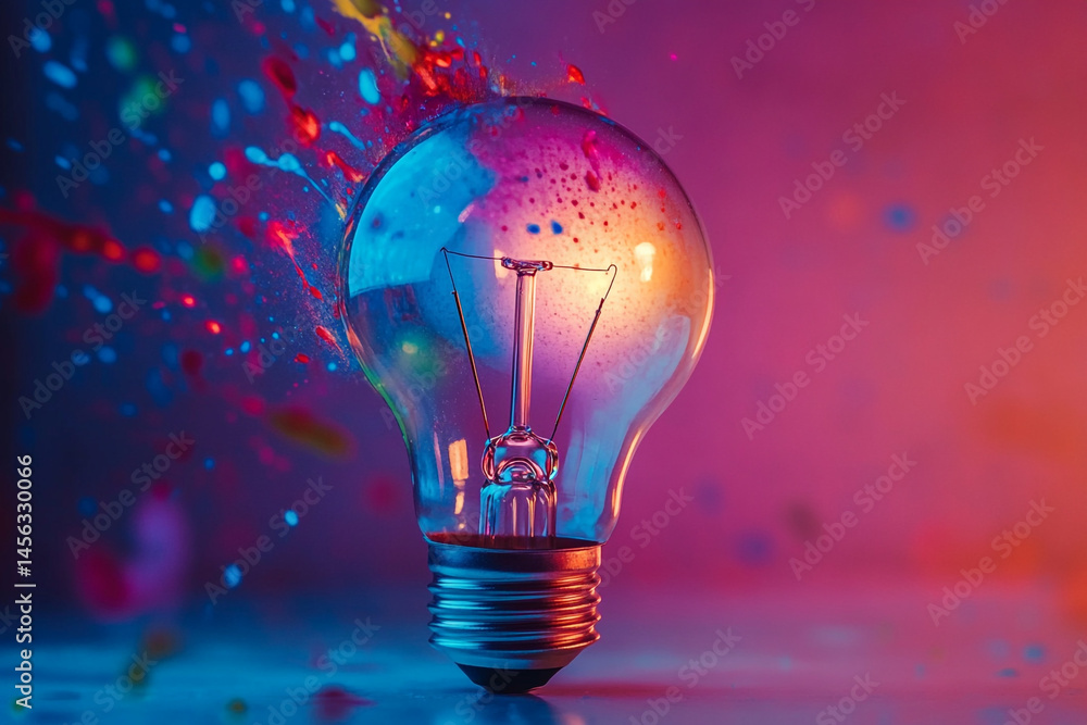 Poster bright lightbulb explodes with colorful paint splashes vibrant energy idea creation