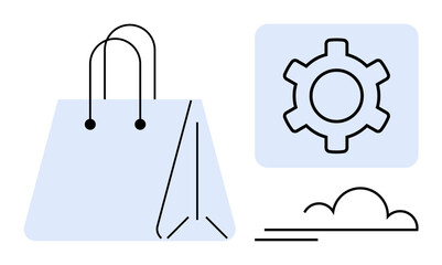 Shopping bag, gear icon, and cloud design elements conveying retail, technology, and operational efficiency. Ideal for e-commerce, retail operations, cloud services, optimization logistics