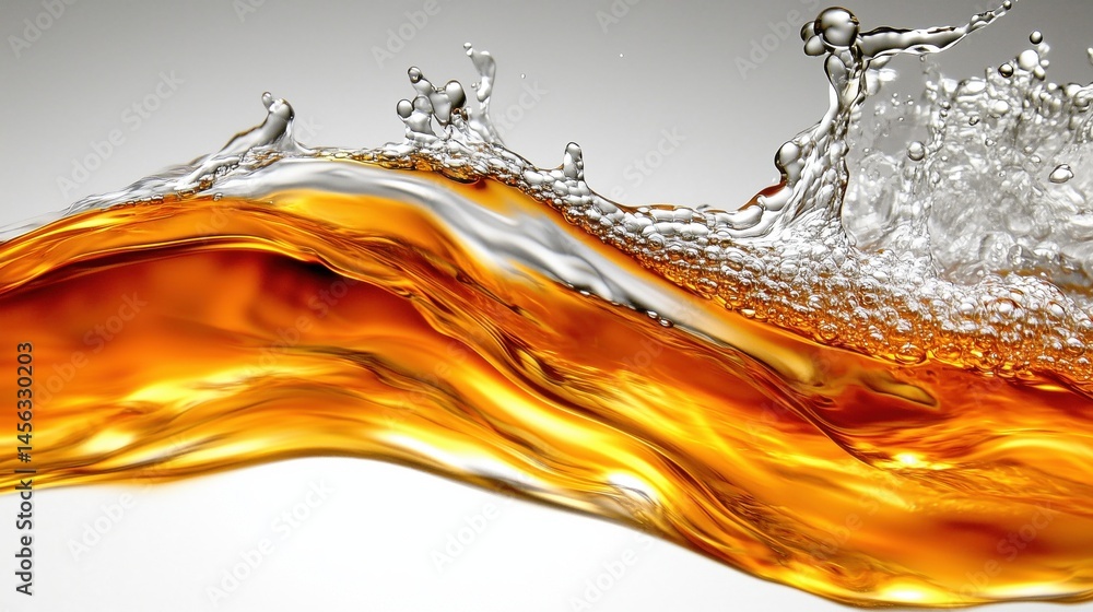 Poster flowing amber liquid and clear water creating waves and bubbles in dynamic motion in a bright enviro