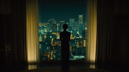 Fototapeta premium Silhouette of a woman gazing at a city skyline through a large window