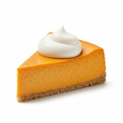 A slice of pumpkin cheesecake with whipped cream on top isolated on a white background close up view