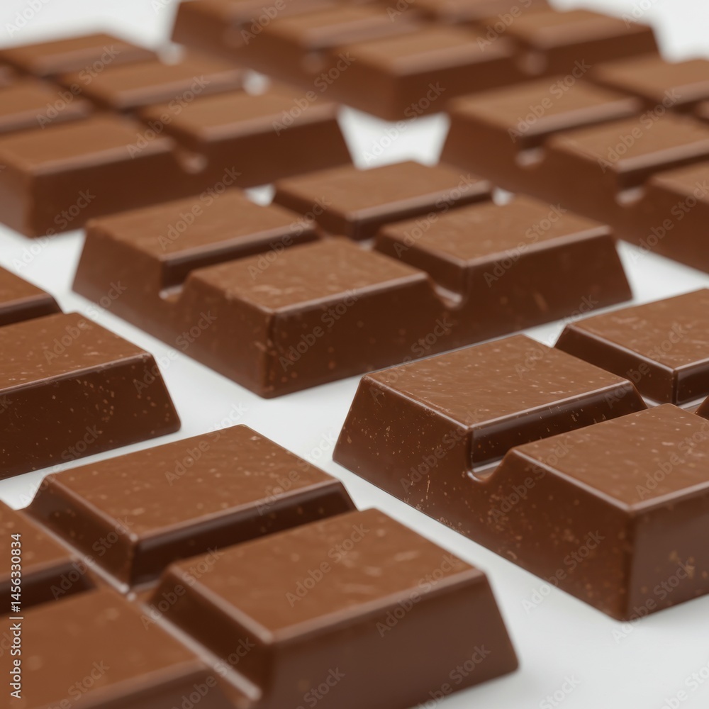 Poster close up view of multiple chocolate bars arranged on a white surface in a repeating pattern