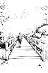 Obraz premium Hikers Crossing Wooden Bridge Over Stream, coloring book style, vector illustration art