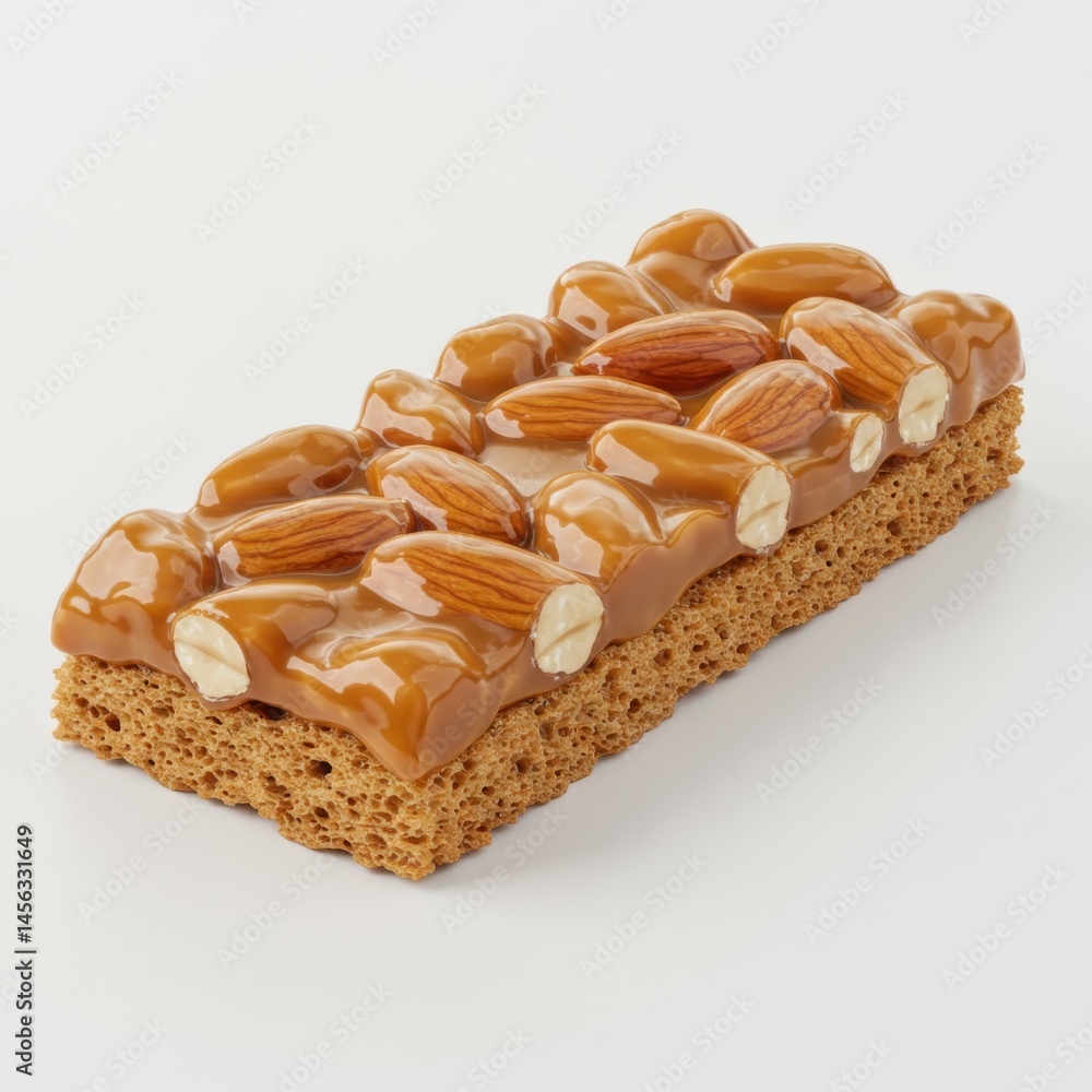 Poster close up of a chocolate bar with almonds embedded in it on a white background in a square format