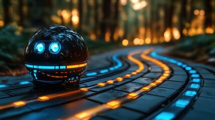 Futuristic orb robot on glowing path through a forest