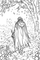 Obraz premium Knight Walking Through Enchanted Valley, coloring book style, vector illustration art
