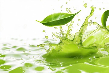 Dynamic splash of vibrant green matcha tea with delicate tea leaves suspended in mid-air, isolated on a pristine white background.