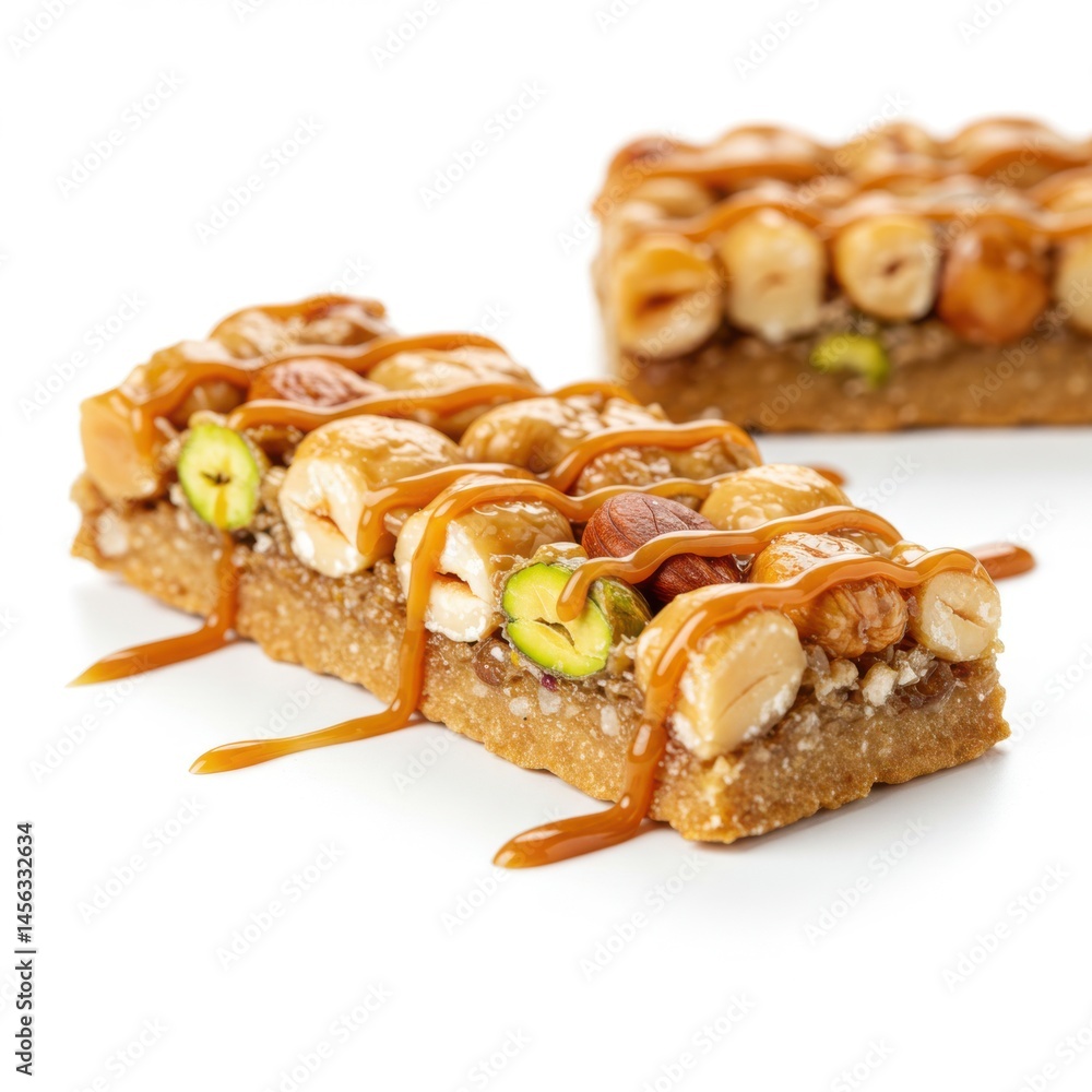 Poster close up of two nut bars with caramel drizzle on a white background in a studio setting light