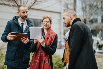 Group of people gathers outdoors to collaborate on a project, discussing perspectives and...