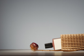 Blank beauty product in recycled delivery packaging. Minimalist mockup with dry flower