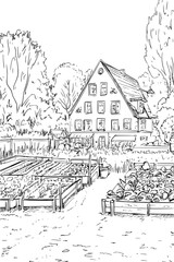 Organic Garden Supplying Local Restaurant, coloring book style, vector illustration art