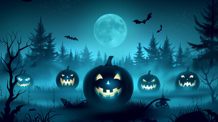 Spooky Halloween night scene with glowing jack-o'-lanterns, full moon, misty forest, and flying bats. Eerie atmosphere and holiday concept.