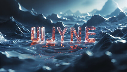 3d crystal ulyyne word floating on water in a surreal and abstract environment
