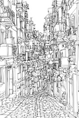 Quiet Roofs Above Narrow Streets, coloring book style, vector illustration art