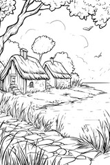 Fototapeta premium Row Of Huts Along Shoreline, coloring book style, vector illustration art