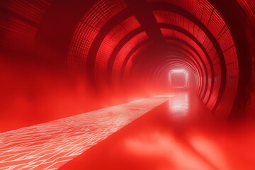 A futuristic neon red tunnel with an eerie, glowing mist swirling along the floor. 