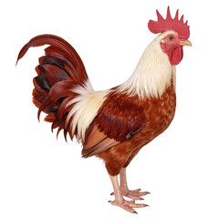 Fototapeta premium Vibrant rooster standing proudly, colorful feathers, symbolizing farm life or country living, perfect for agricultural themes. Isolated on white background or PNG