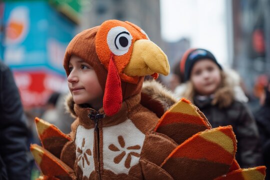 A young boy dressed in a turkey costume happily attends a Thanksgiving parade with his friends.