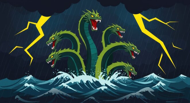 Hydra, the Seven-Headed Serpent of Greek Mythology, Emerging from Stormy Seas During a Furious Tempest, Unleashing Chaos and Fear
