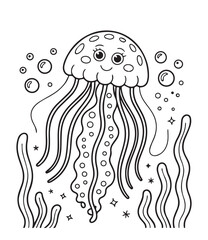 Cute jellyfish in ocean water black line art vector for kids coloring pages