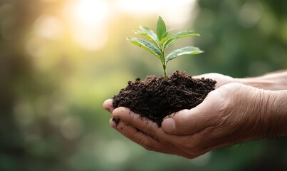 Fototapeta premium Caring Hands nurturing a young plant seedling in rich soil against a lush green background.