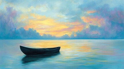 Fototapeta premium Serene Sunset Landscape with Small Boat on Calm Water