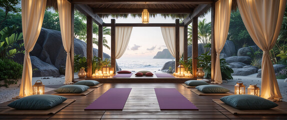 Plakat Peaceful beachside yoga retreat with tranquil atmosphere and sea view for relaxation