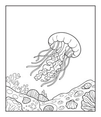 Beautiful jellyfish in ocean water black line art vector for kids coloring pages