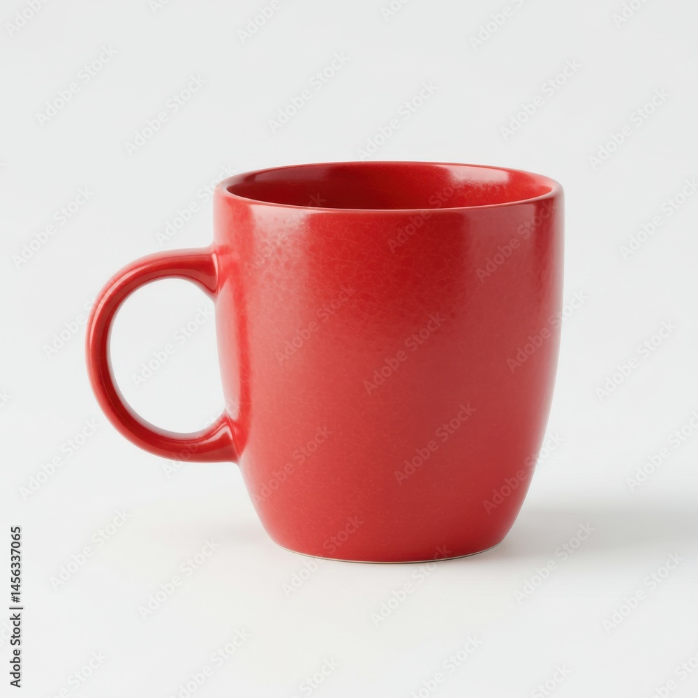 Poster a simple studio shot of a red ceramic mug with a handle on a white background showing the mug's form