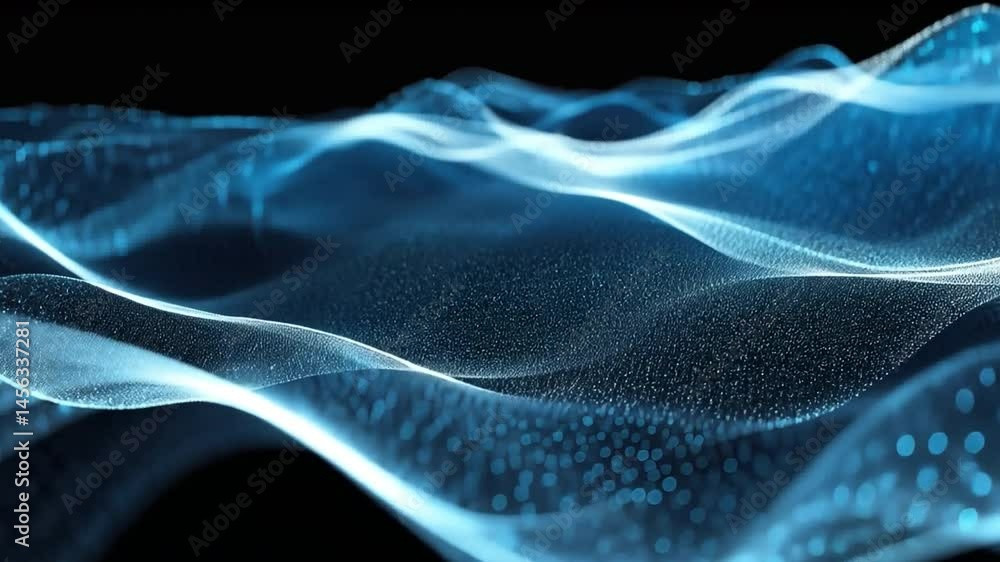 Poster abstract digital waves flowing luminous particles in blue against dark background, evoking tranquili