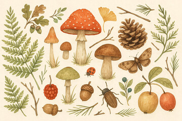 A watercolor-style illustration featuring a diverse collection of forest floor elements including mushrooms, acorns, ferns, pinecones, twigs, insects, berries, and leaves. 