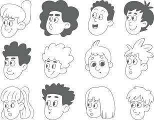 Diverse cartoon characters heads line art style vector illustration
