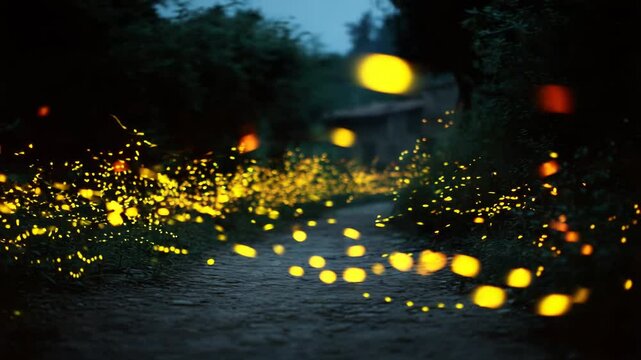 Glowing fireflies on a pathway at night