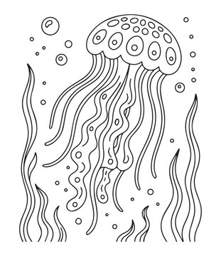 recommend clip art: Beautiful jellyfish in ocean water black line art vector for kids coloring pages