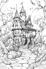 Naklejka premium Undead Crowd Near Empty House, coloring book style, vector illustration art