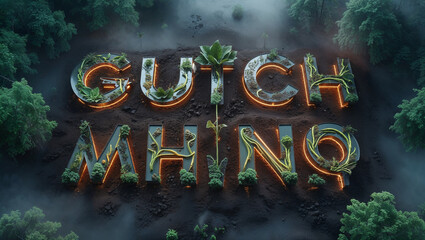 Creative botanical typography design featuring growing plants with glowing neon elements in forest