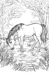 Unicorn Drinking From Woodland Stream, coloring book style, vector illustration art