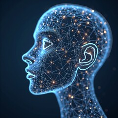 Blue head silhouette with binary code background, featuring anatomical elements like brain and skull in a 3D abstract medical illustration