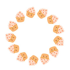Flat style cupcake wreath with pink cream and heart sprinkles. Circular frame of smiling desserts for Valentine’s Day, birthday cards, kids celebration and sweet themed illustrations.