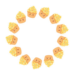 Round cupcake frame with happy faces and yellow cream. Flat style cartoon cupcakes with sprinkles in circle shape. Sweet dessert border for celebration, children designs and bakery themes.