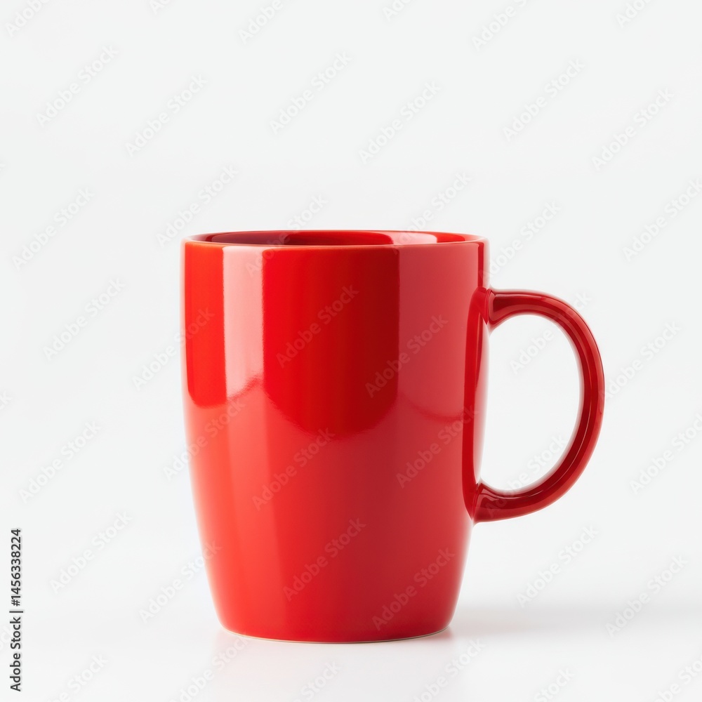 Poster a vibrant red mug standing on a white surface in a studio setting with soft lighting and reflections